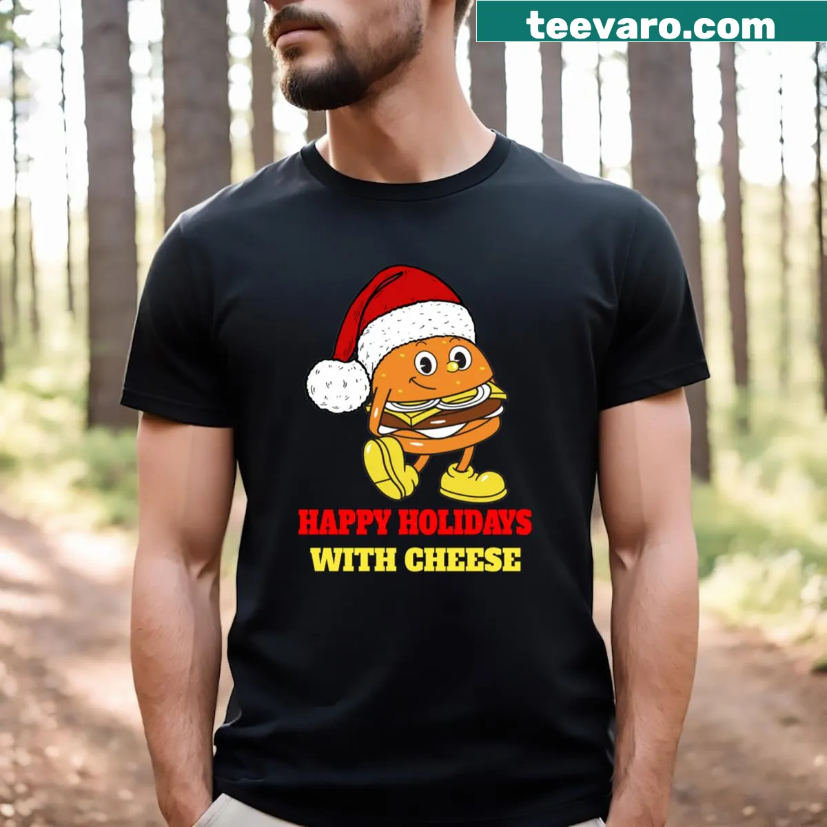 Essential Happy Holidays t-shirt featuring a fun cheese graphic — on a men's t-shirt