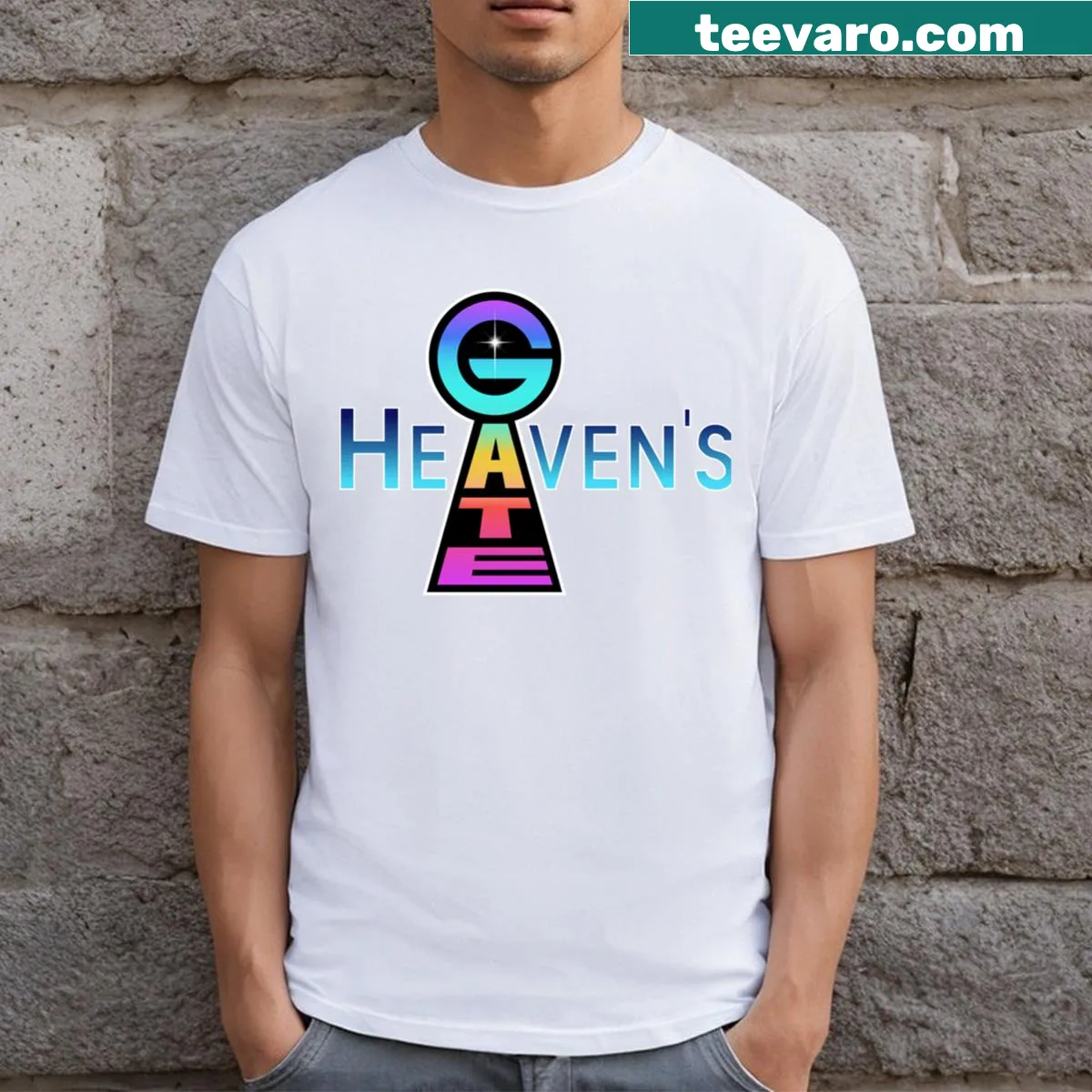 Heaven's Gate logo illustrated on a simple T-shirt — on a men's t-shirt