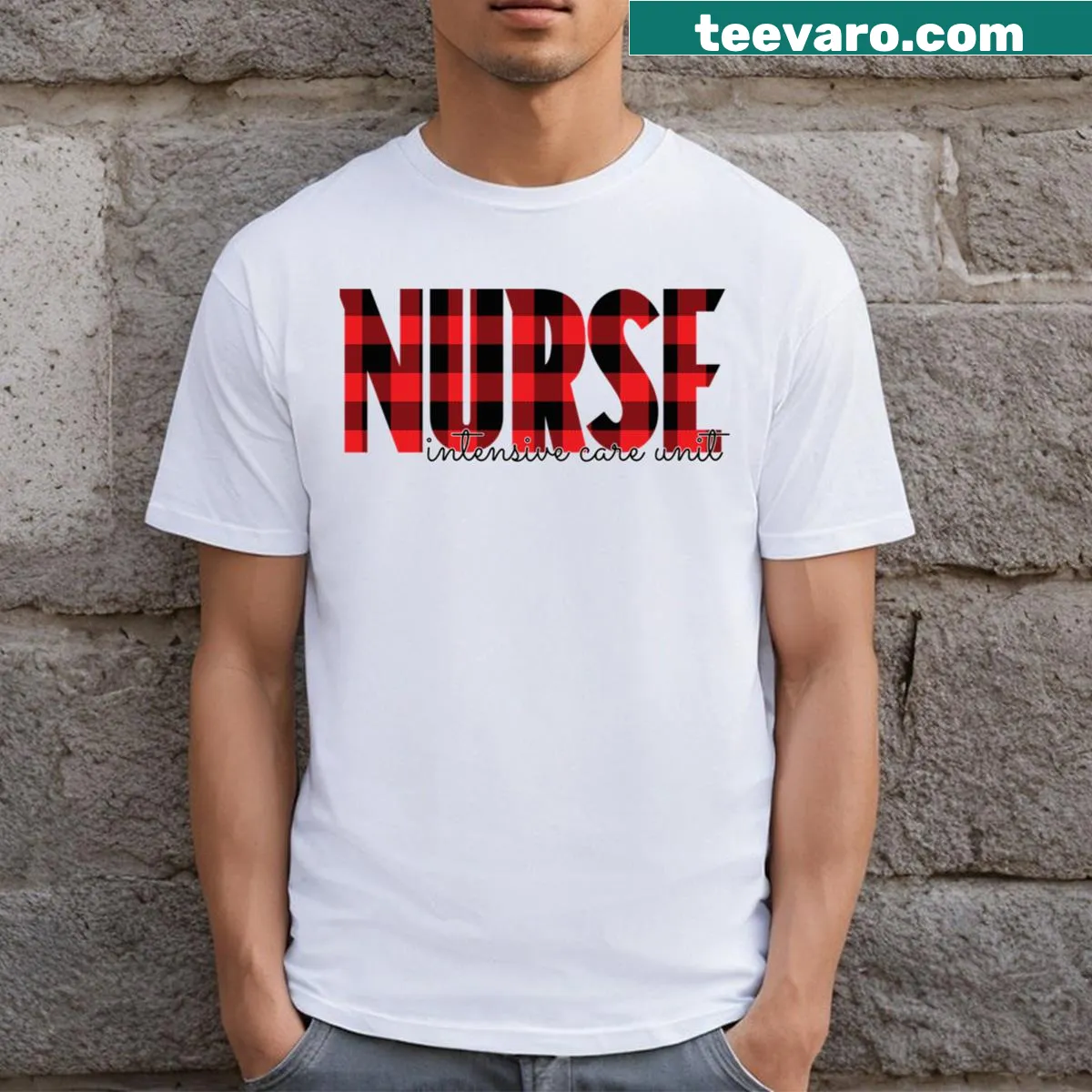 Christmas T-shirt honoring ICU nurses with festive text — on a men's t-shirt