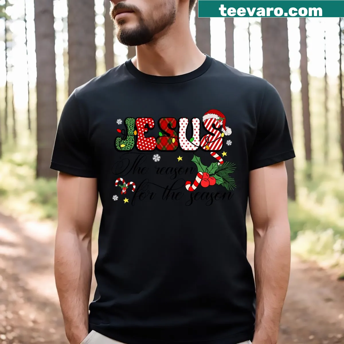 Christian Christmas t-shirt with the phrase Jesus Is The Reason For The Season — on a men's t-shirt