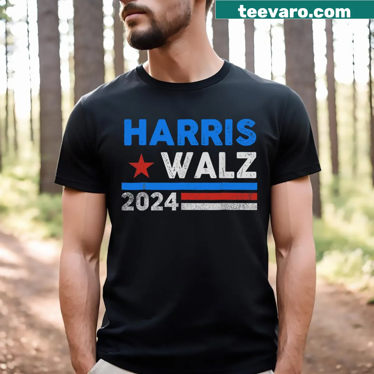 T-shirt supporting Kamala Harris 2024 campaign — on a men's t-shirt