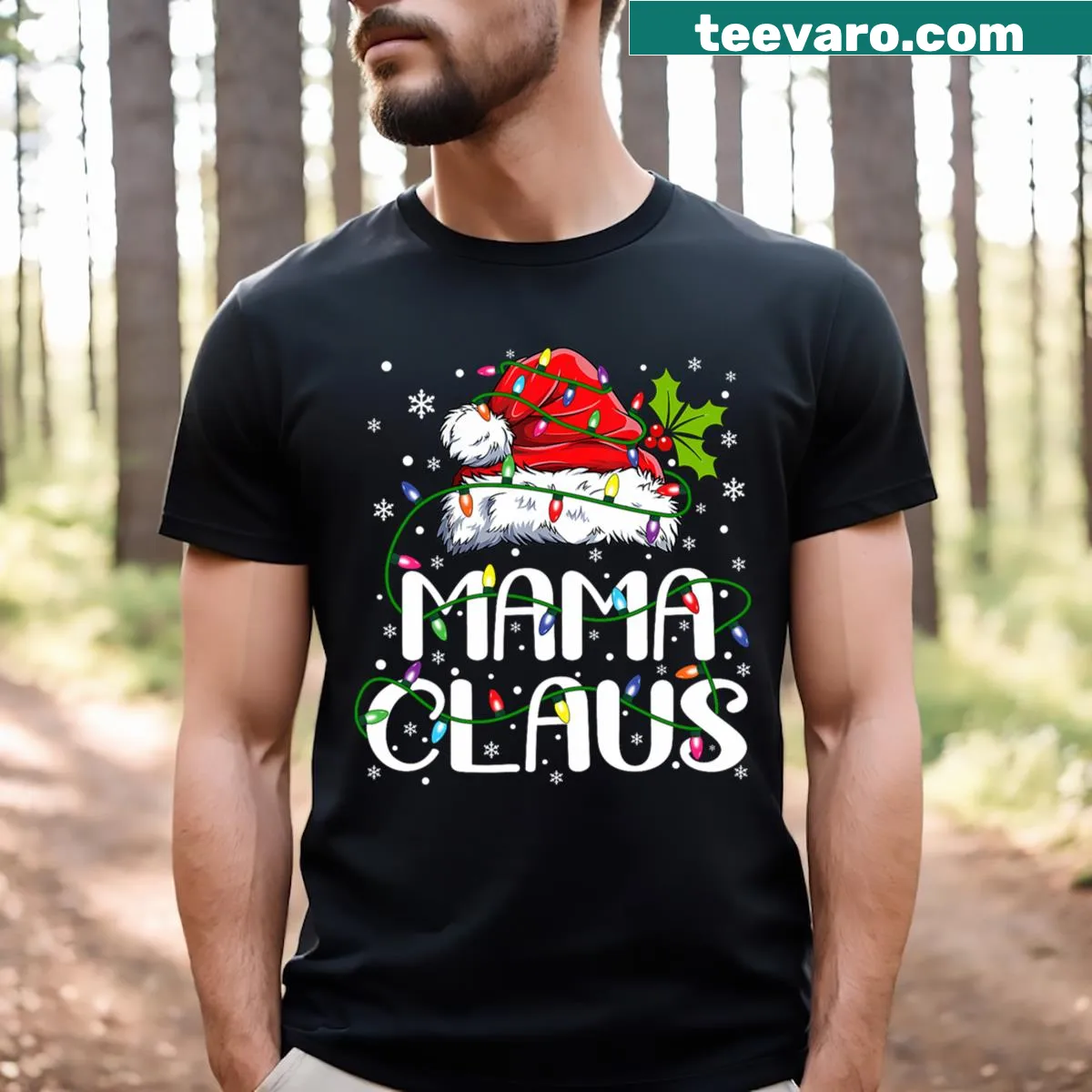Mama Claus T-shirt with Christmas lights design for family matching — on a men's t-shirt
