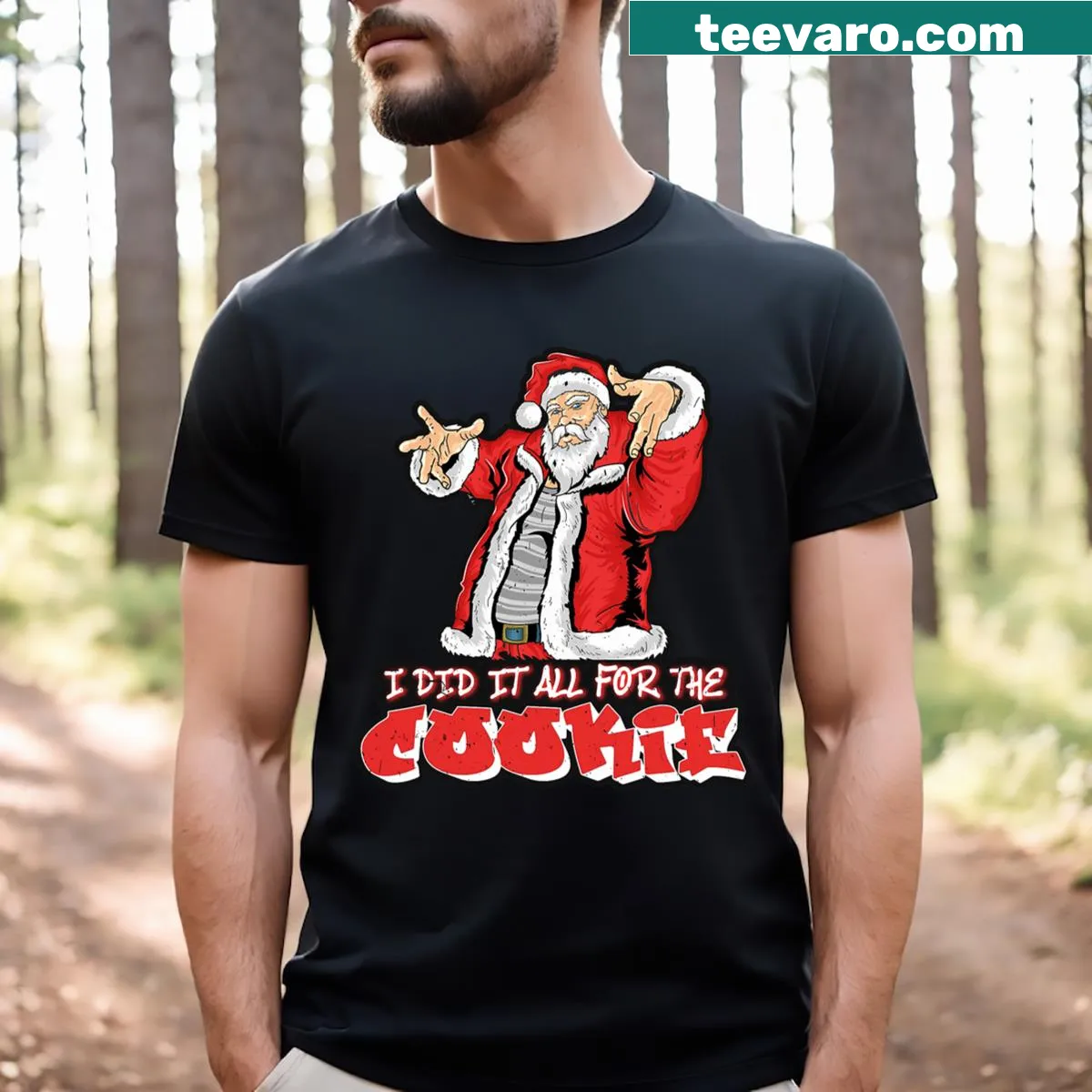 Funny Santa T-shirt with a cookie-themed graphic for Christmas — on a men's t-shirt