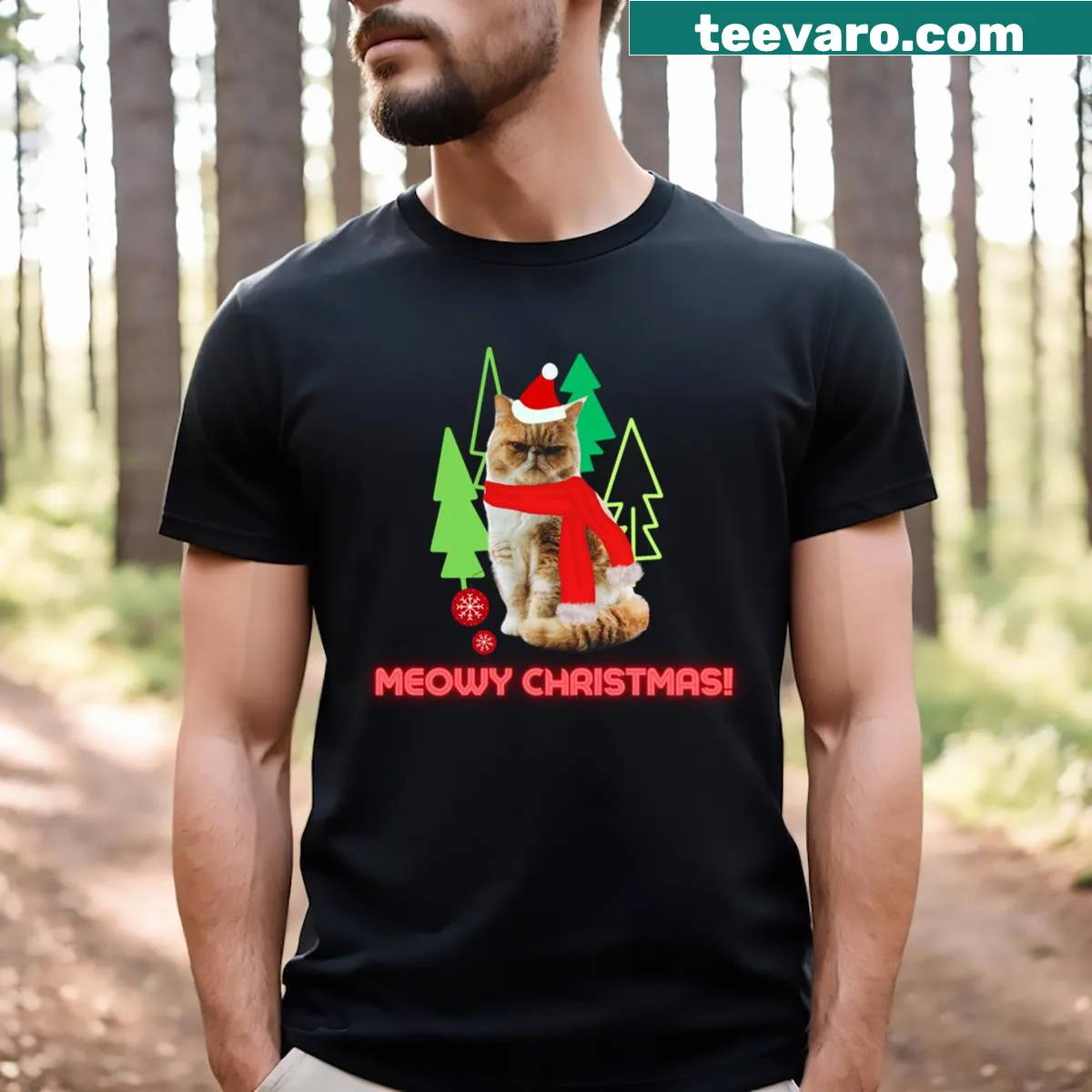 Vintage distressed T-shirt with a cat in a scarf and Meowy Chirstmas text — on a men's t-shirt