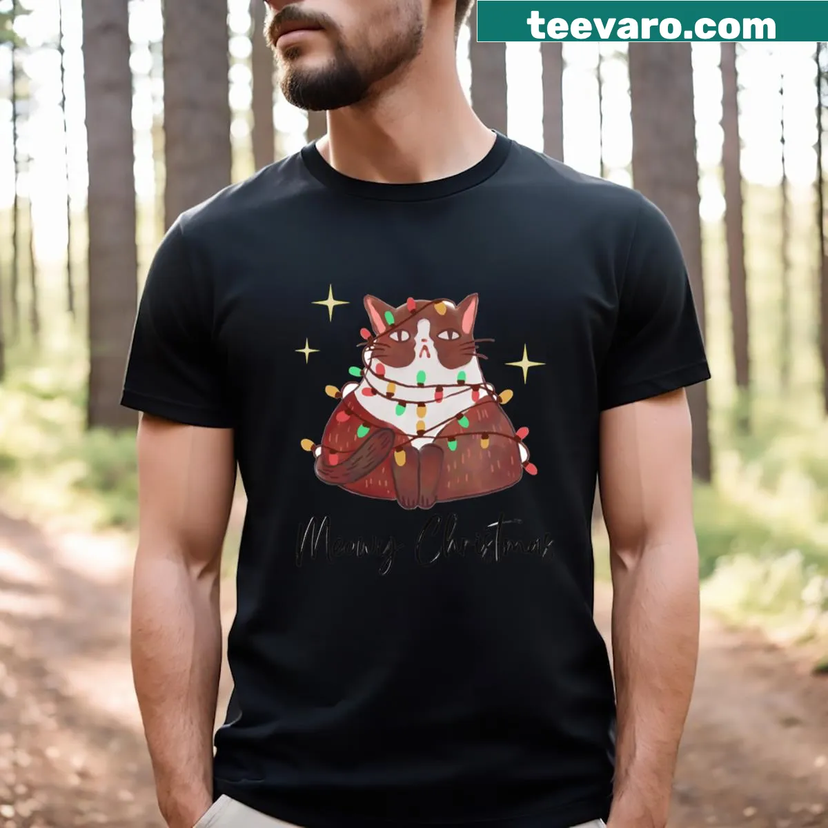 Fun t-shirt with a cat-themed Christmas design — on a men's t-shirt
