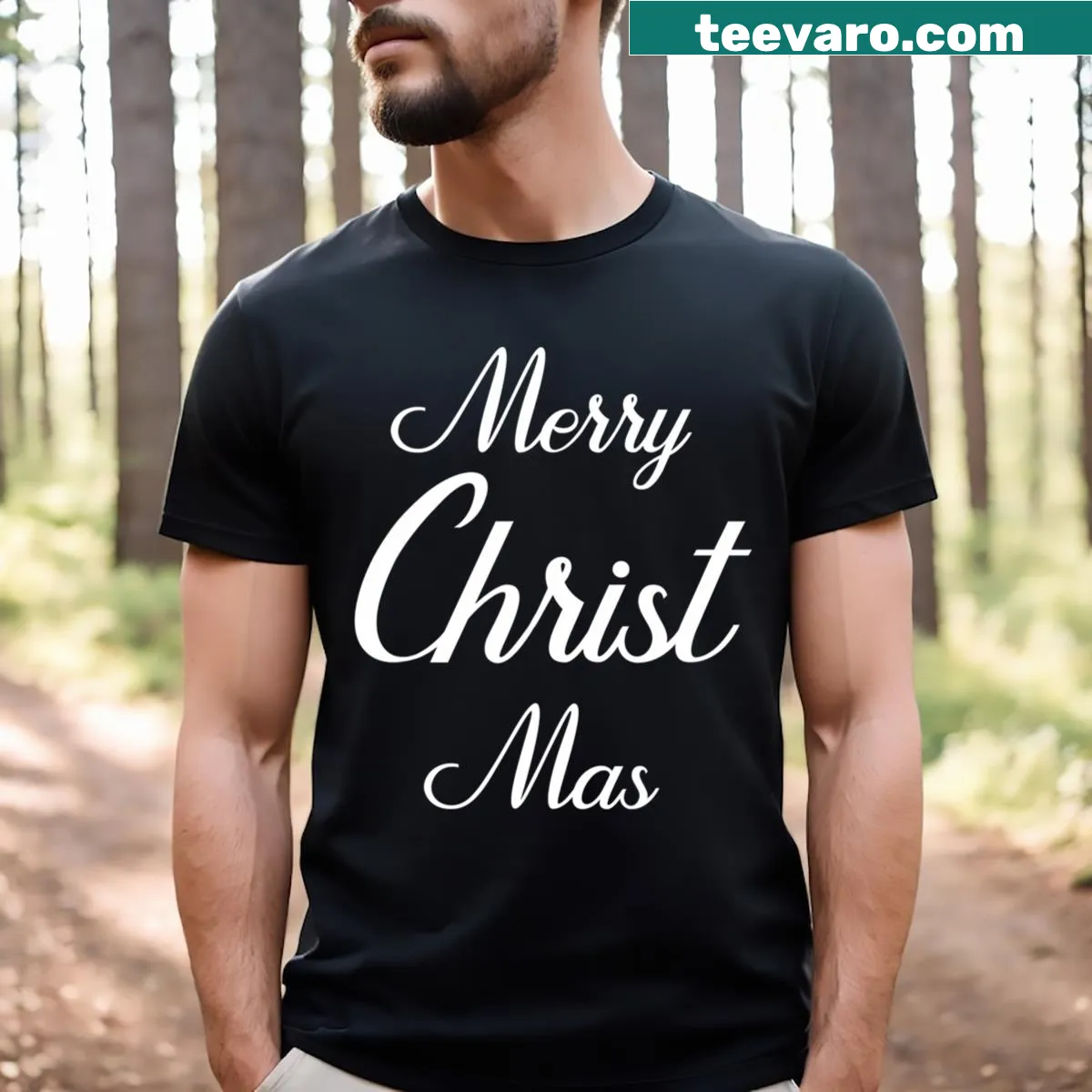 Christian themed Christmas T-shirt with religious message — on a men's t-shirt