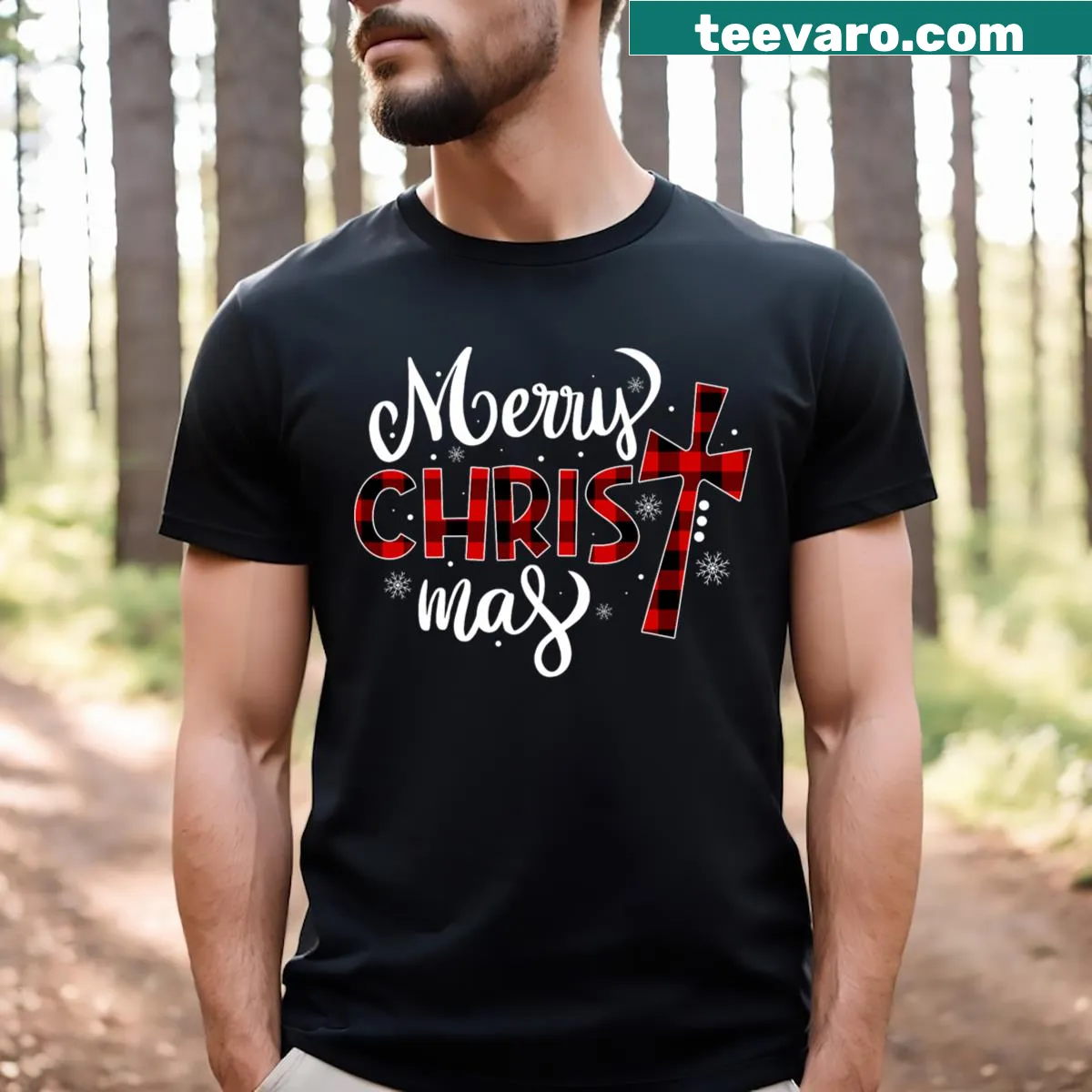 Vintage buffalo plaid Christmas T-shirt with Christian design — on a men's t-shirt