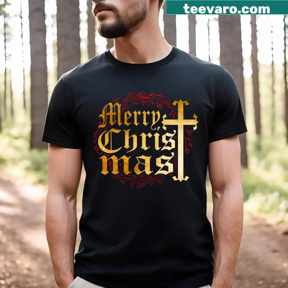 Christian cross illustration on matching family Christmas t-shirt — on a men's t-shirt