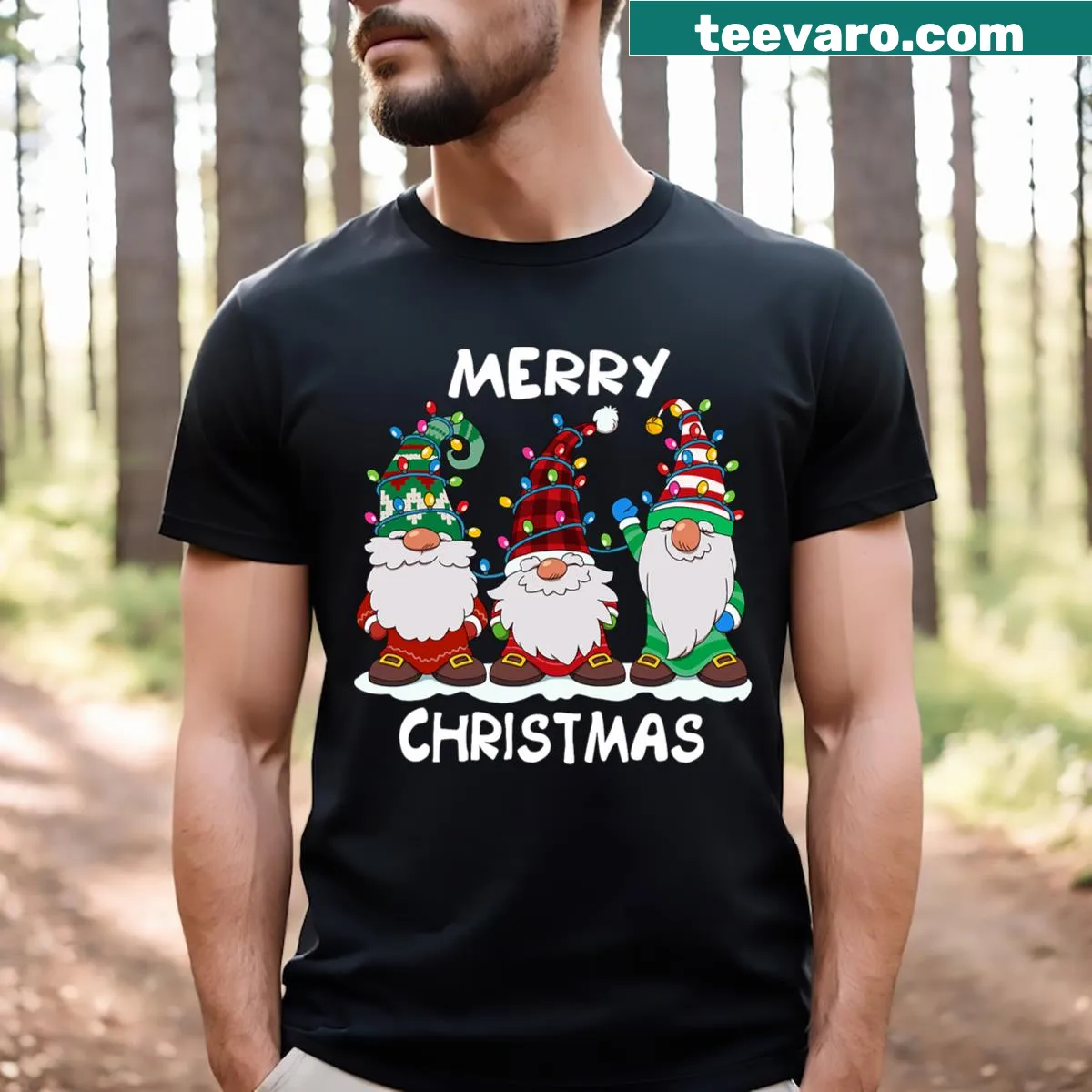 T-shirt featuring Merry Christmas gnomes graphic for men — on a men's t-shirt