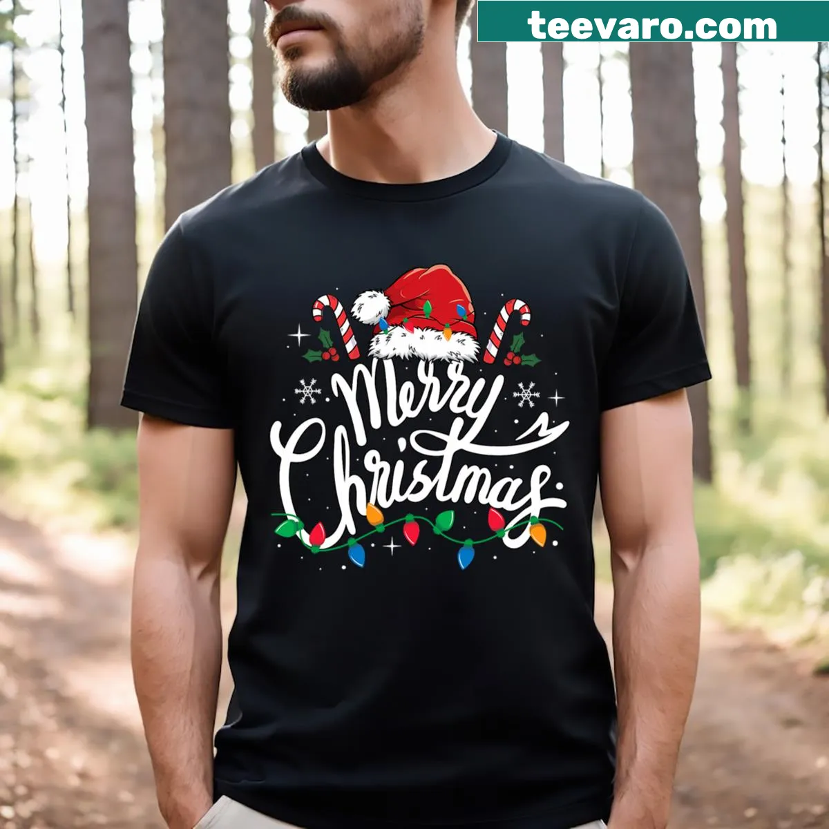 Santa hat decorated with Christmas lights on a men's T-shirt — on a men's t-shirt