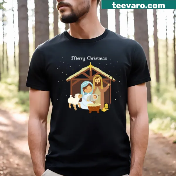 Nativity scene graphic T-shirt for celebrating Christmas faith