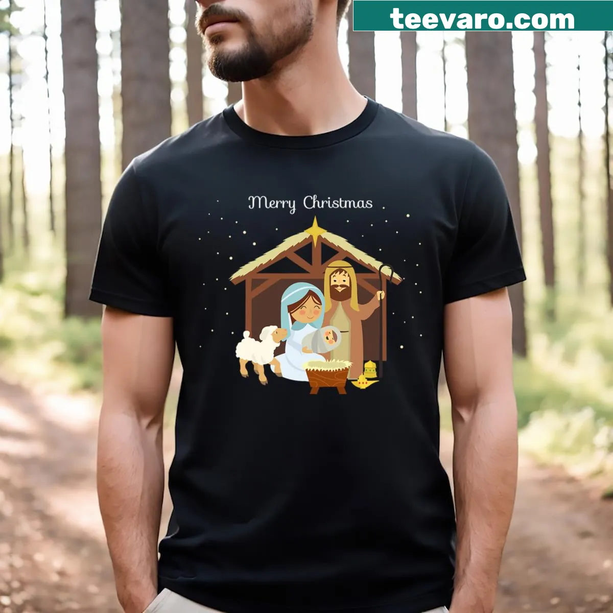 Nativity scene graphic T-shirt for celebrating Christmas faith — on a men's t-shirt