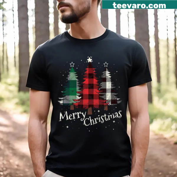 Three Christmas trees in buffalo plaid design on women's T-shirt