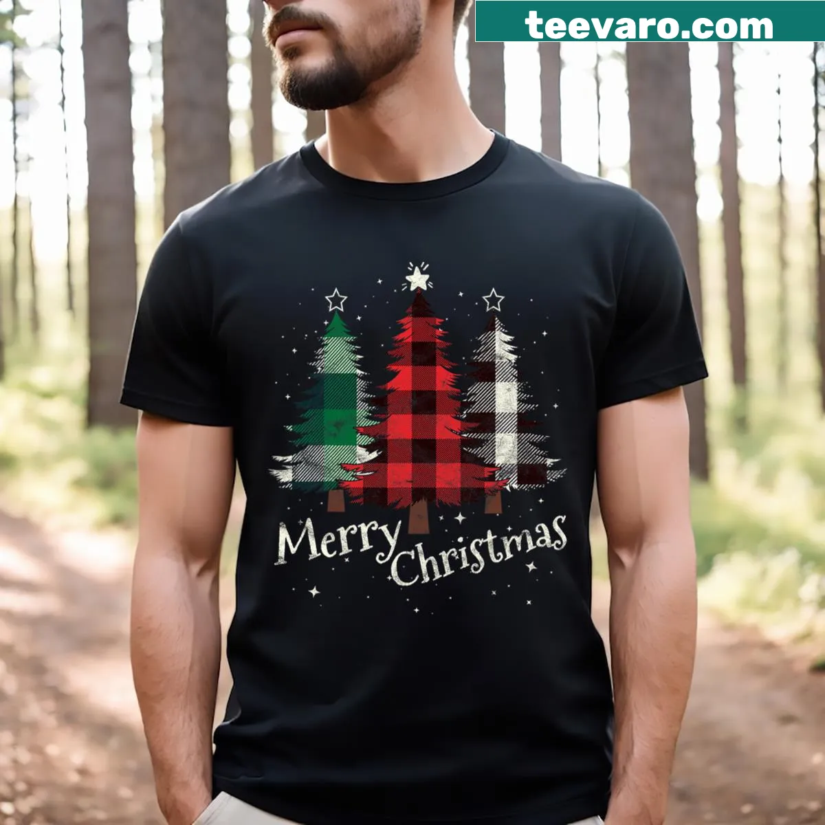 Three Christmas trees in buffalo plaid design on women's T-shirt — on a men's t-shirt