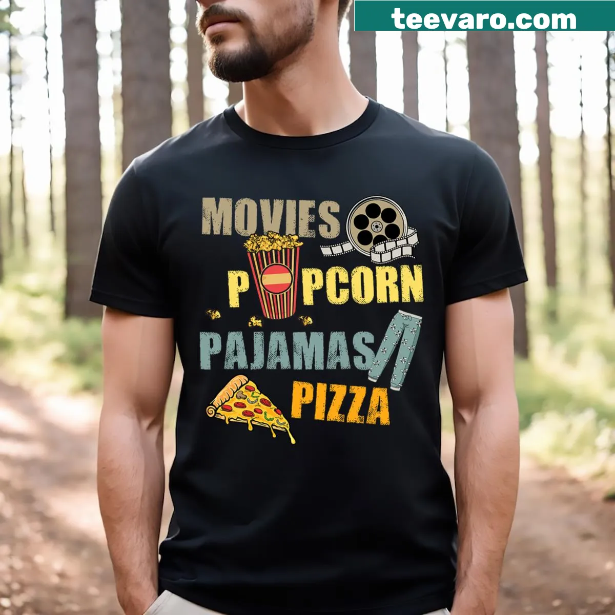 T-shirt featuring a playful design of popcorn, pizza, and movies — on a men's t-shirt