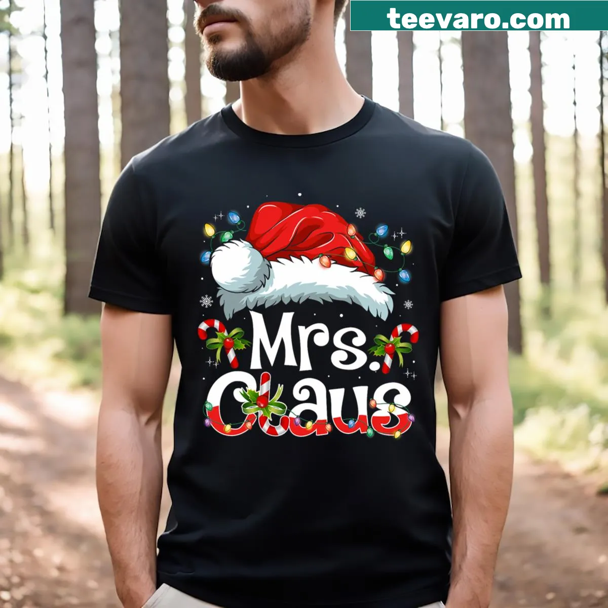 Matching Mr. and Mrs. Claus Christmas t-shirts for couples — on a men's t-shirt
