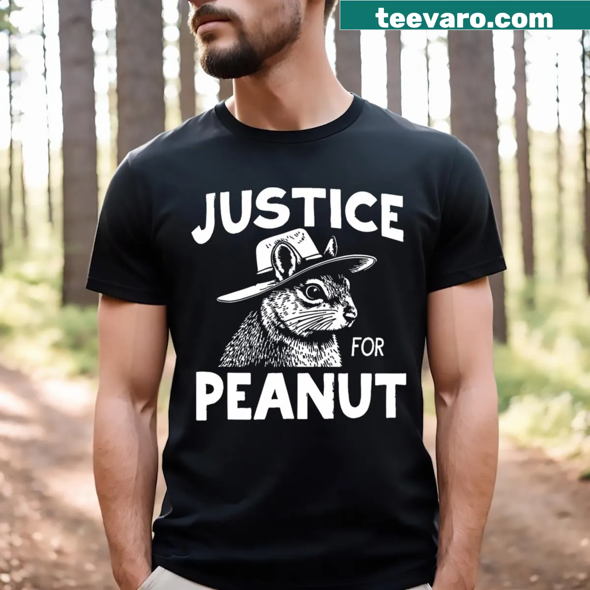 Adorable illustration of a squirrel with text: Justice For Peanut — on a men's t-shirt