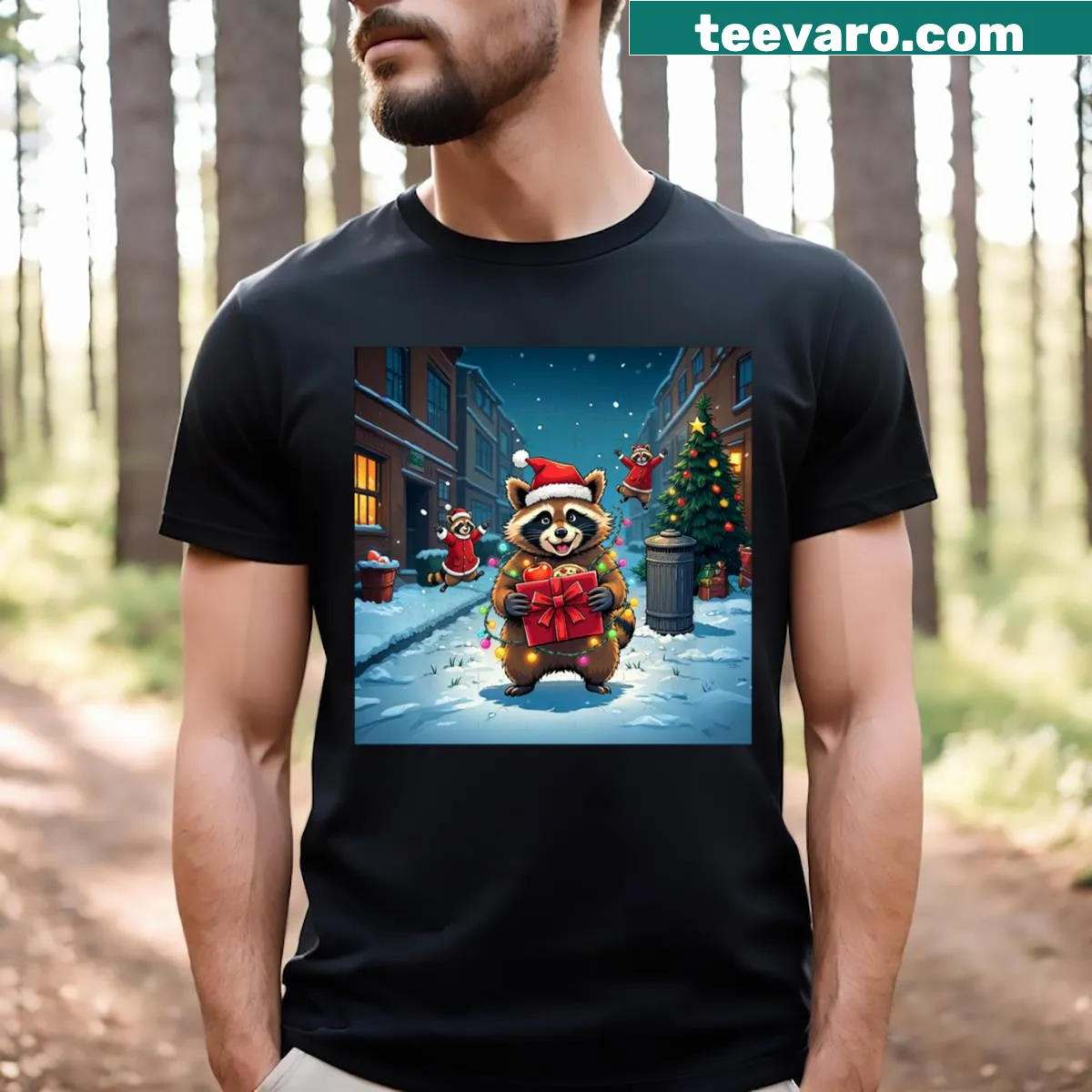 Adorable Christmas t-shirt featuring festive raccoons — on a men's t-shirt