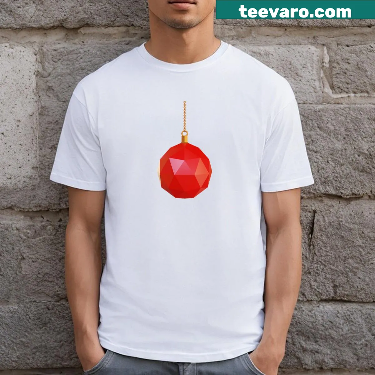 Minimalist abstract Christmas ball graphic on a t-shirt — on a men's t-shirt