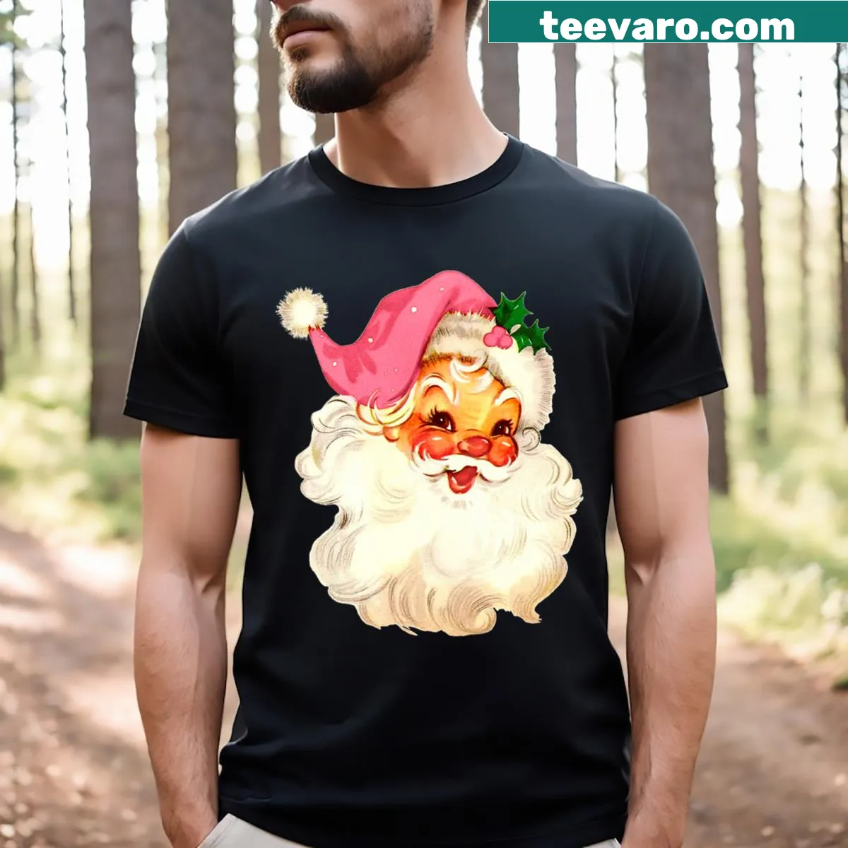 Vintage pink Santa Claus t-shirt with nostalgic design — on a men's t-shirt