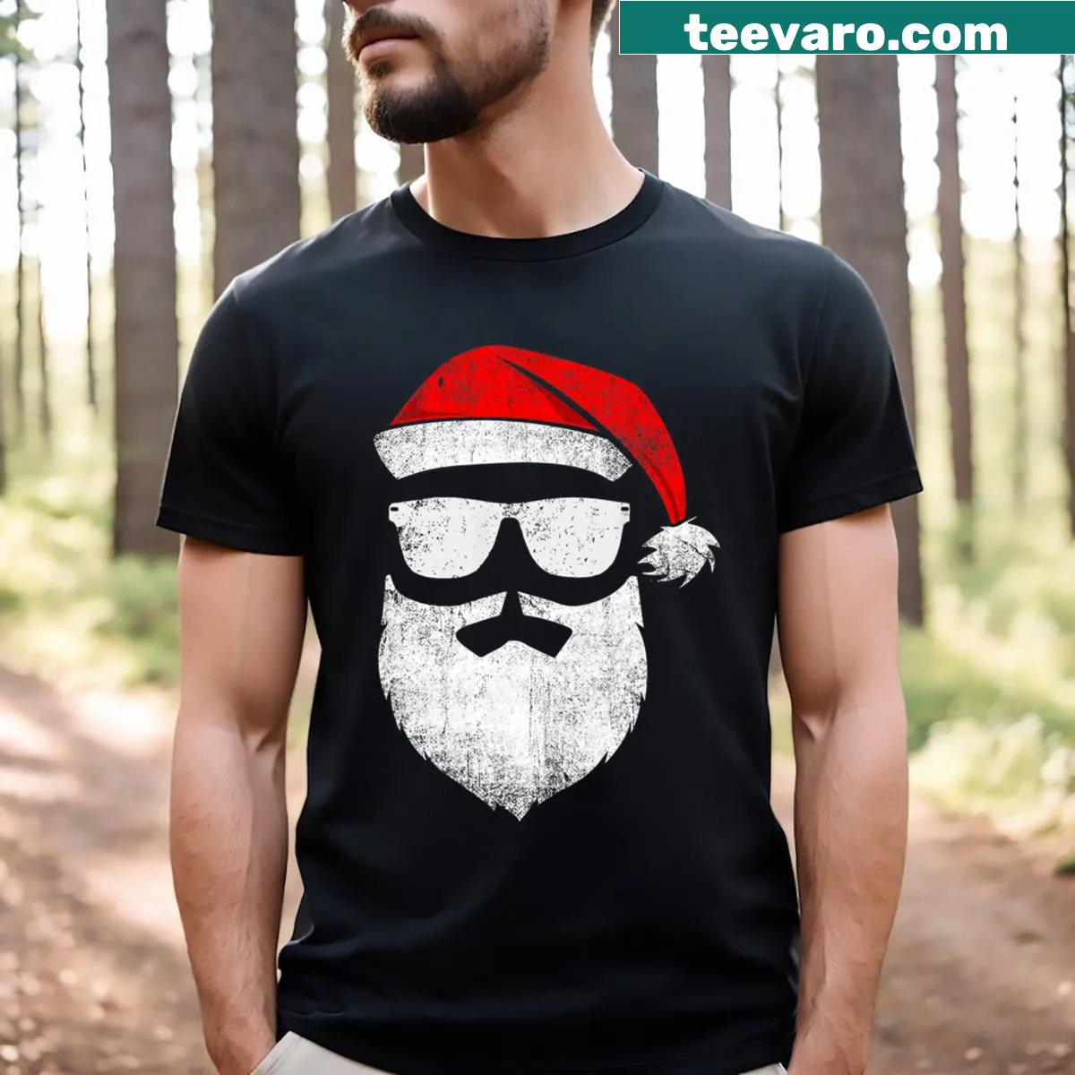 Santa face t-shirt featuring sunglasses and a cheerful expression — on a men's t-shirt