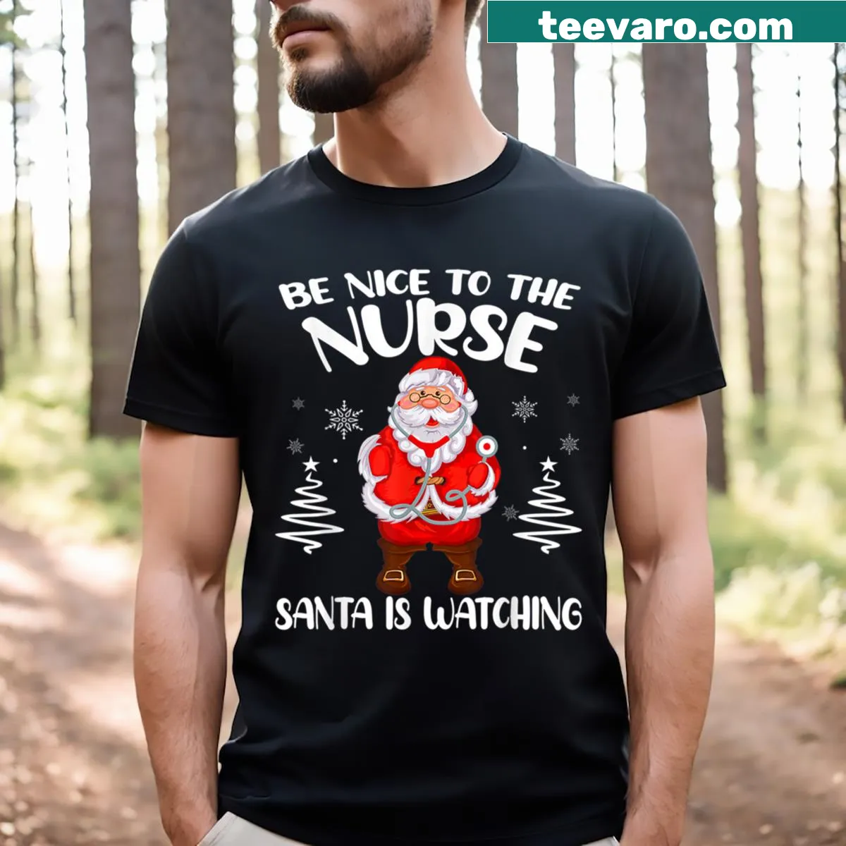 Santa nurse t-shirt with stethoscope for holiday celebrations — on a men's t-shirt