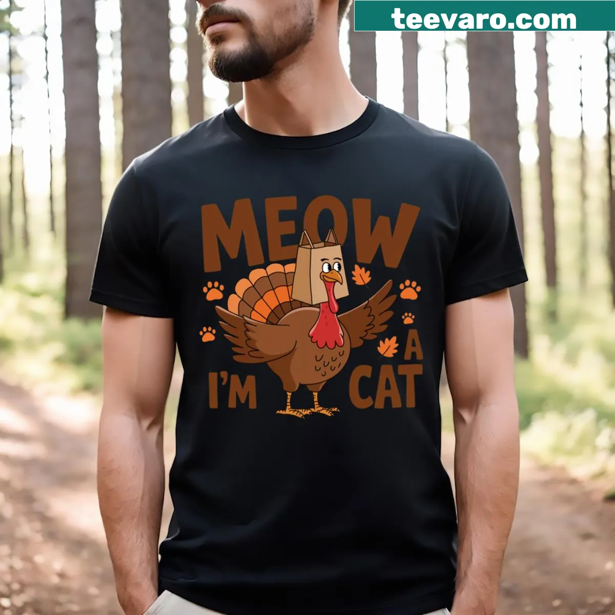 Funny Thanksgiving cat-themed t-shirt — on a men's t-shirt
