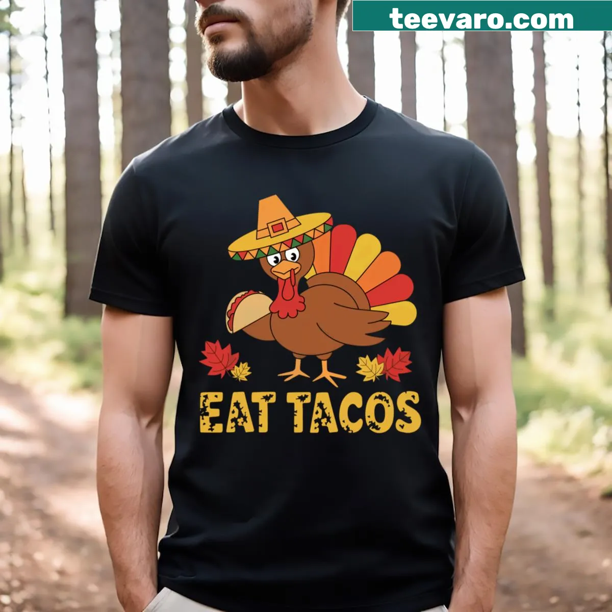 Thanksgiving t-shirt featuring a funny turkey and taco theme — on a men's t-shirt