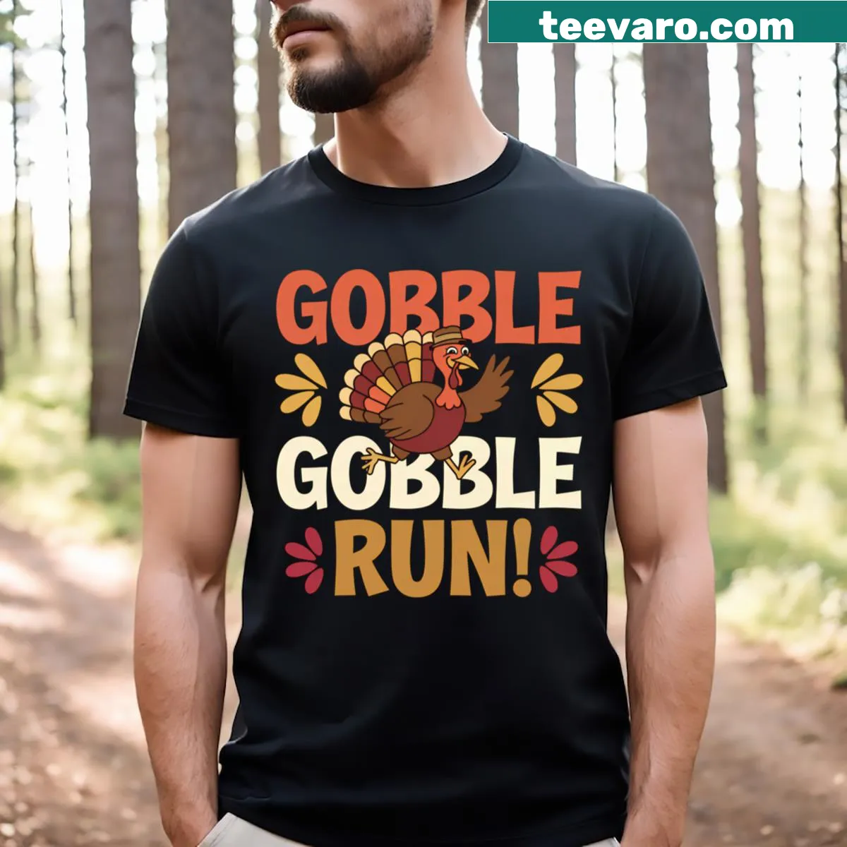Gobble Gobble Turkey Run festive graphic T-shirt — on a men's t-shirt