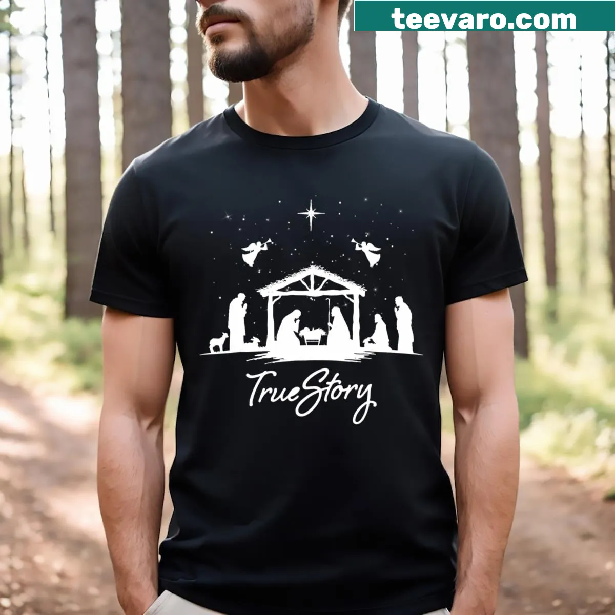 Nativity scene t-shirt celebrating the true story of Christmas — on a men's t-shirt