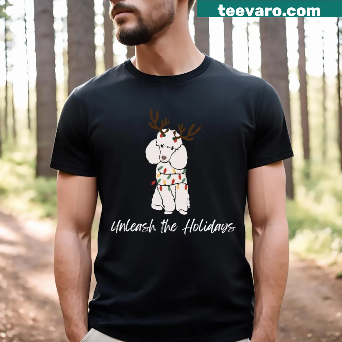 T-shirt featuring a poodle in reindeer antlers with Christmas lights. — on a men's t-shirt