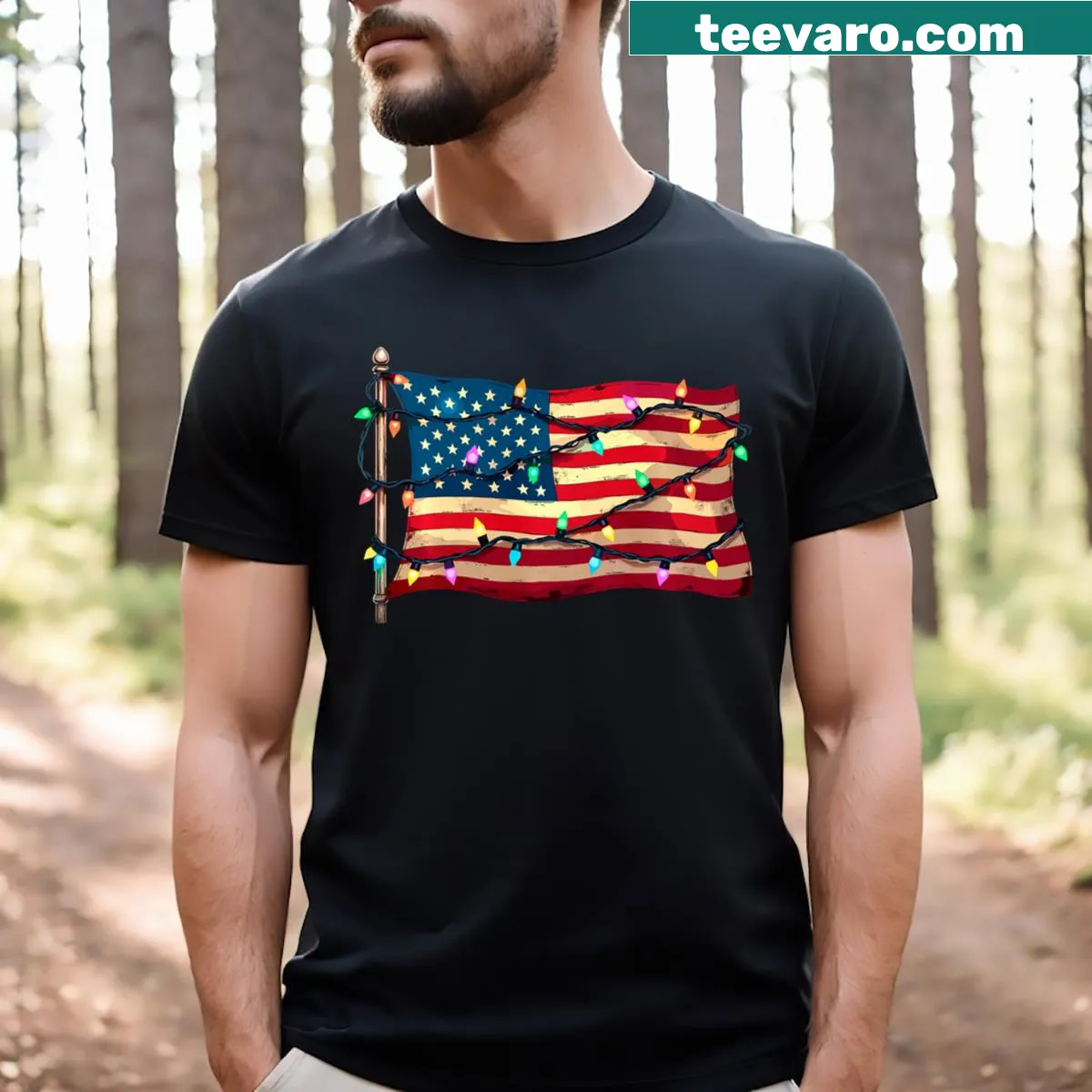 Christmas shirt featuring Santa with American flag lights — on a men's t-shirt
