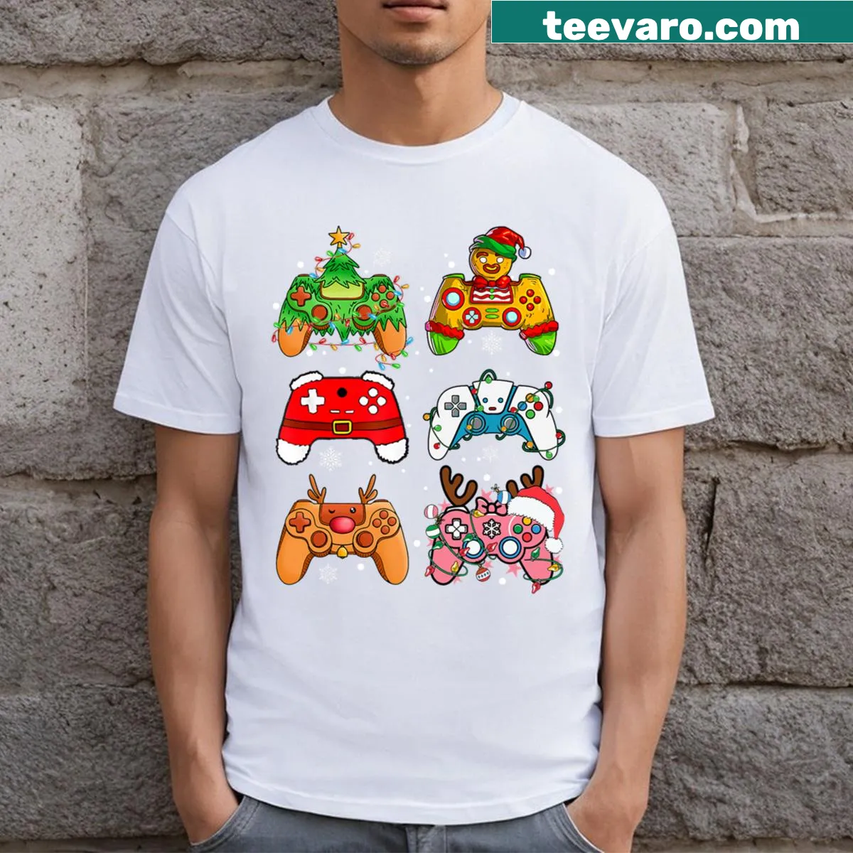 Cute Christmas T-shirt with video game controller and Santa design. — on a men's t-shirt