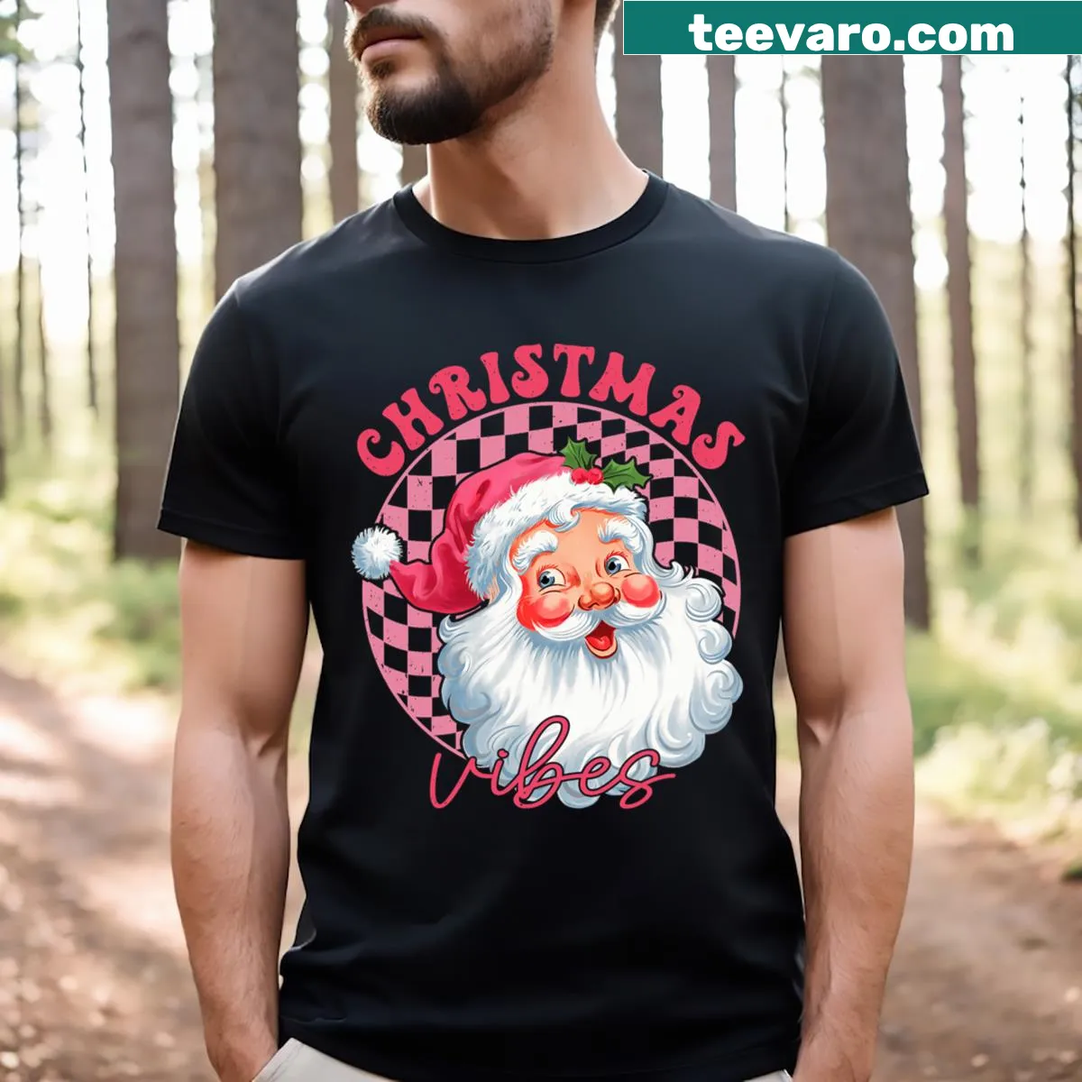 Retro Santa Claus graphic on a pink groovy Christmas T-shirt — on a men's t-shirt