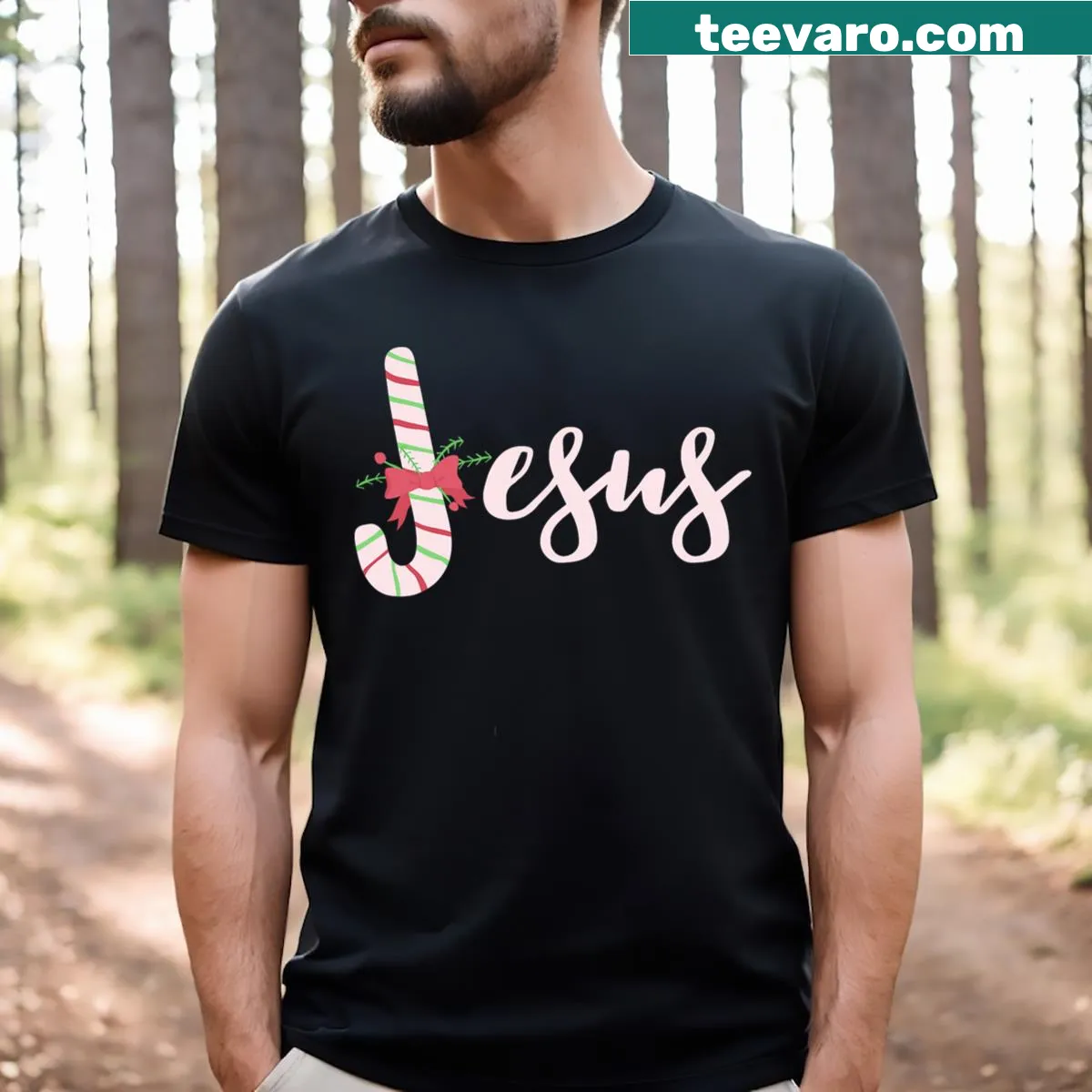 Candy Cane themed Christian faith Christmas T-shirt for women — on a men's t-shirt