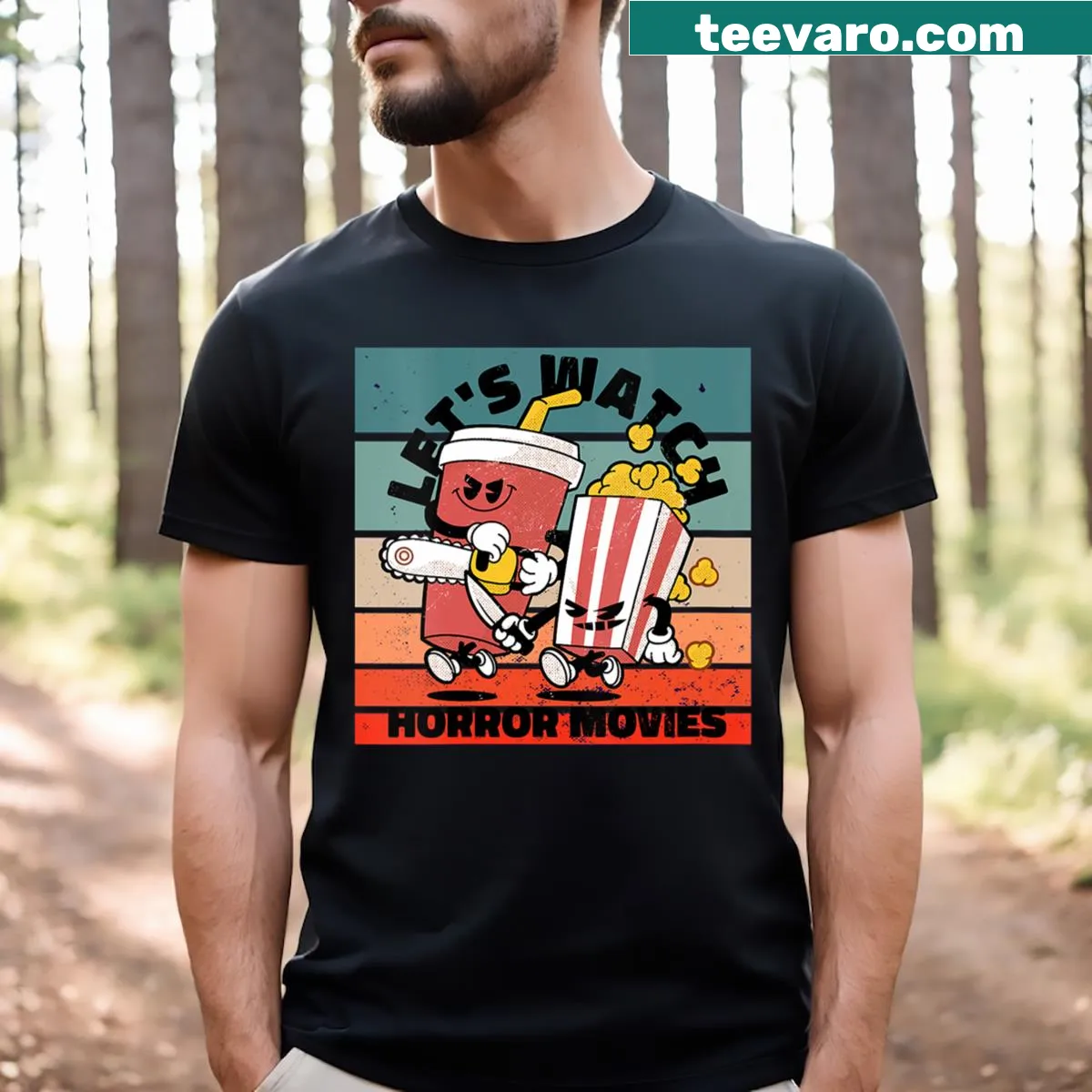 Retro horror movie themed shirt for women featuring popcorn and drinks — on a men's t-shirt