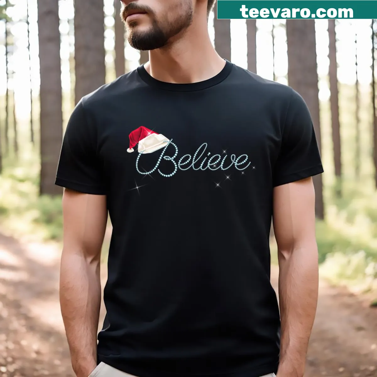 Cute Christmas tee for women with a Santa hat and belief message — on a men's t-shirt