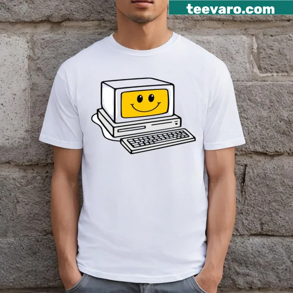 Vintage-style T-shirt with a happy computer graphic from the 1990s