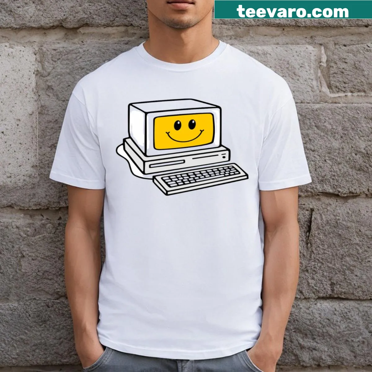 Vintage-style T-shirt with a happy computer graphic from the 1990s — on a men's t-shirt