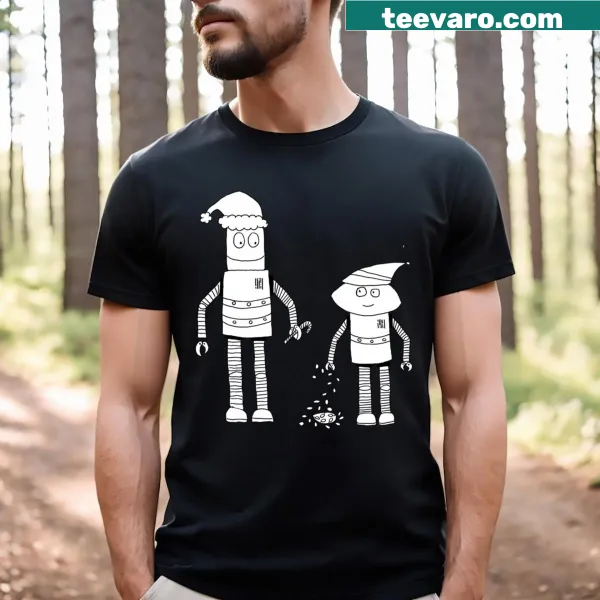 Playful graphic T-shirt with robots in Christmas attire