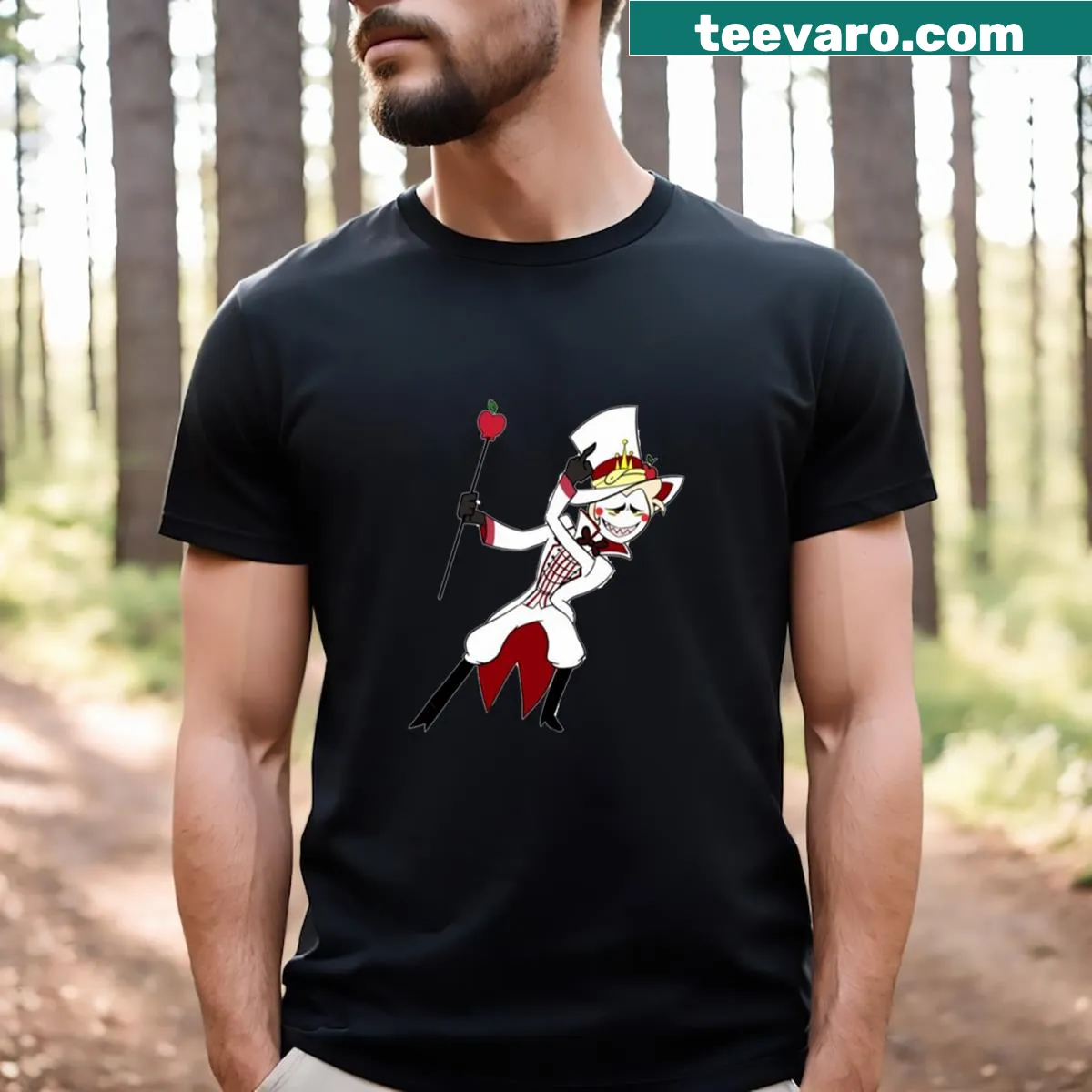 Cartoon illustration of Lucifer Morningstar from Azbin Hotel on T-shirt — on a men's t-shirt