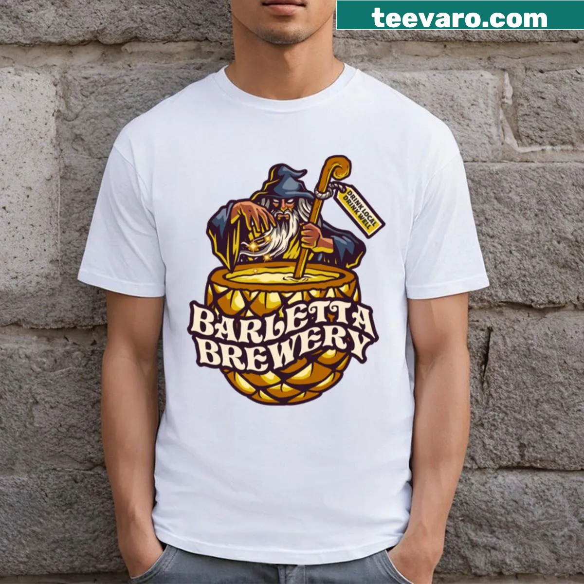 Artistic design of hops and beer mugs on Barletta Brewery T-shirt. — on a men's t-shirt