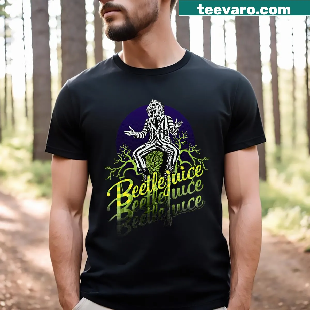 Cartoon portrait of Beetlejuice with text on a T-shirt — on a men's t-shirt