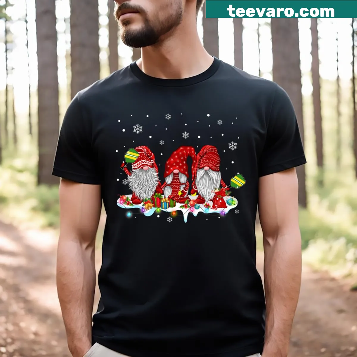 Christmas gnome-themed shirt with pickleball design — on a men's t-shirt