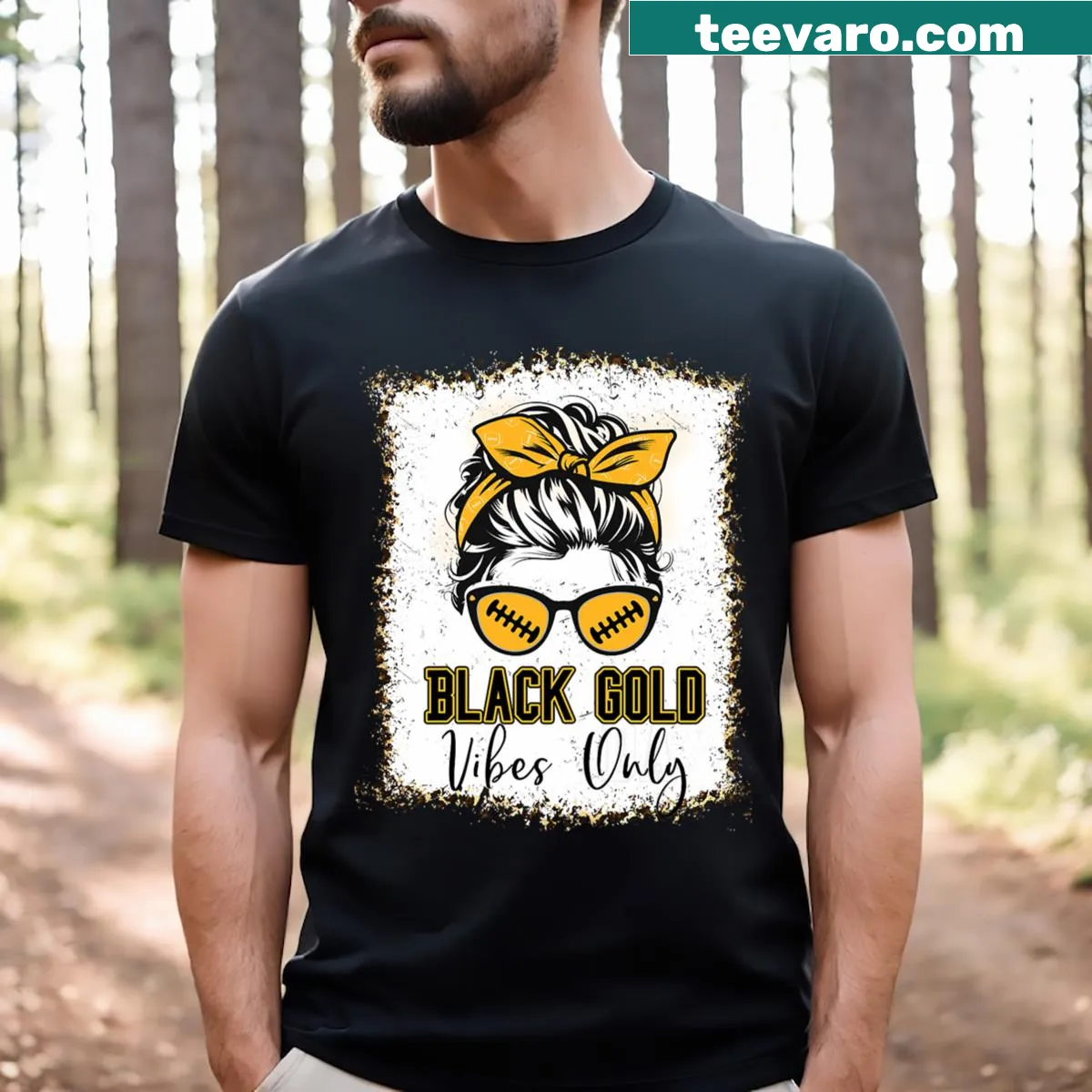 Bold black and gold football T-shirt with leopard print design — on a men's t-shirt