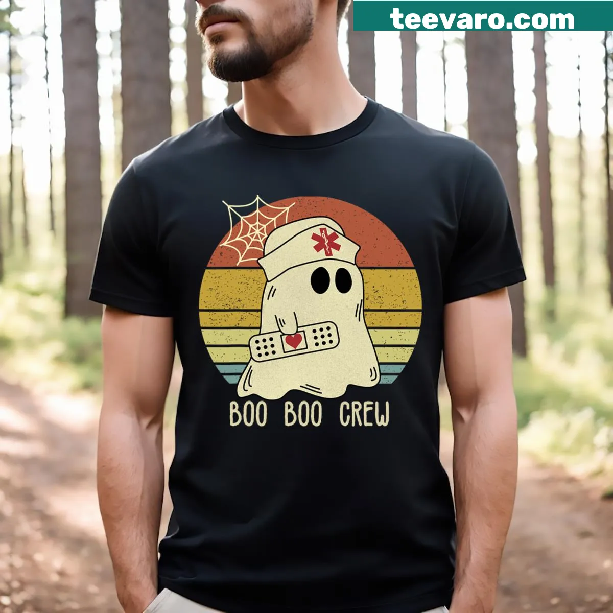 Halloween nurse themed t-shirt with 'Boo Boo Crew' design — on a men's t-shirt