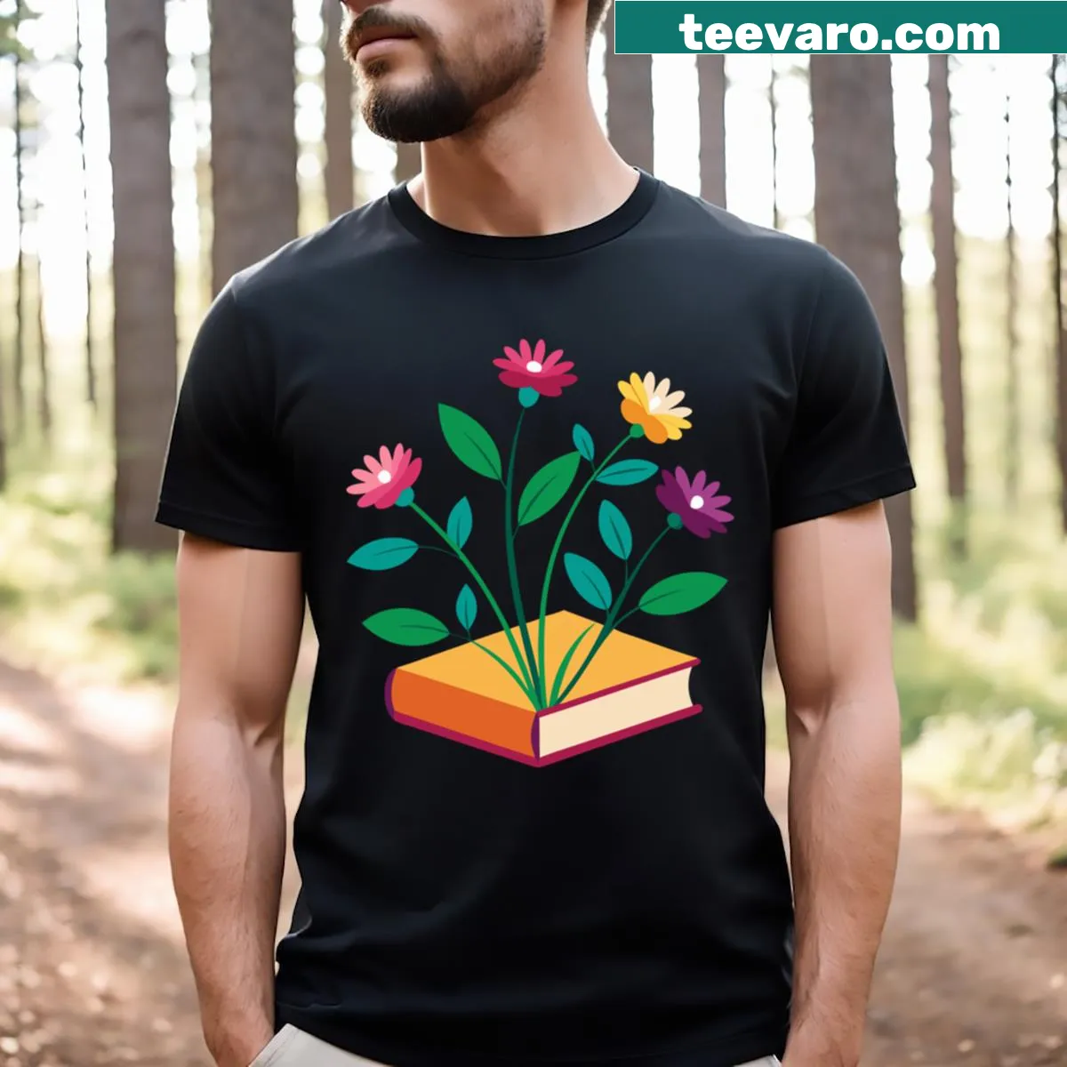 Illustrative Books and Flowers Long T-shirt combining reading and nature — on a men's t-shirt