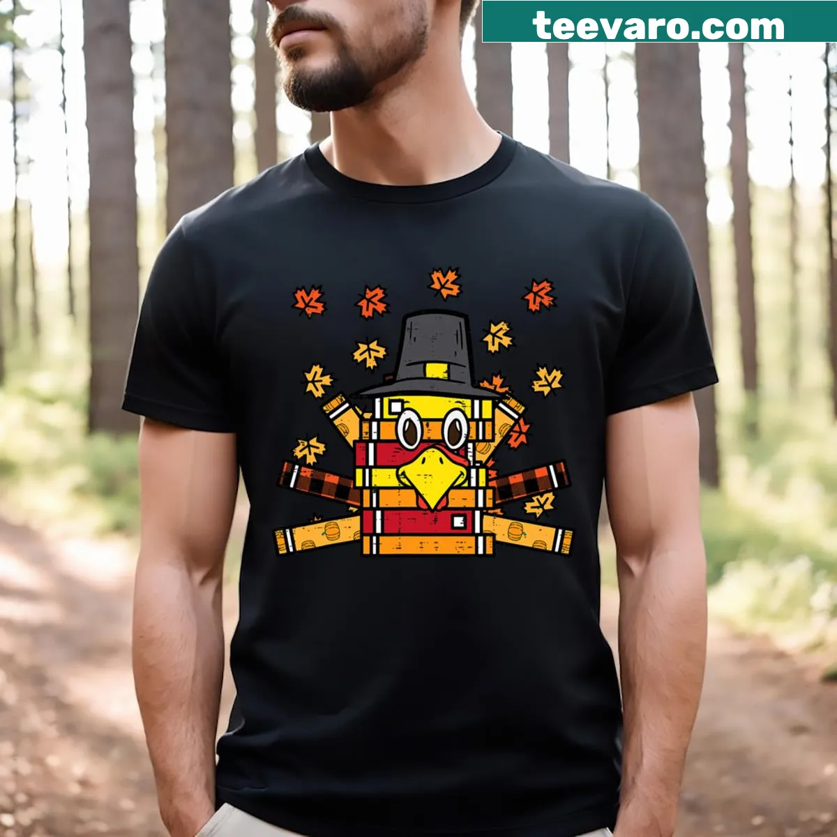 Thanksgiving-themed T-shirt with graphic of books, turkey, and humor — on a men's t-shirt