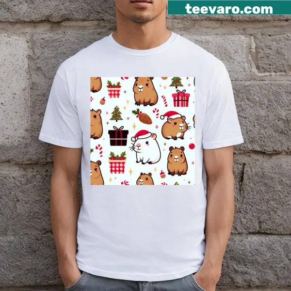 Festive capybara design with Christmas decorations on a T-shirt