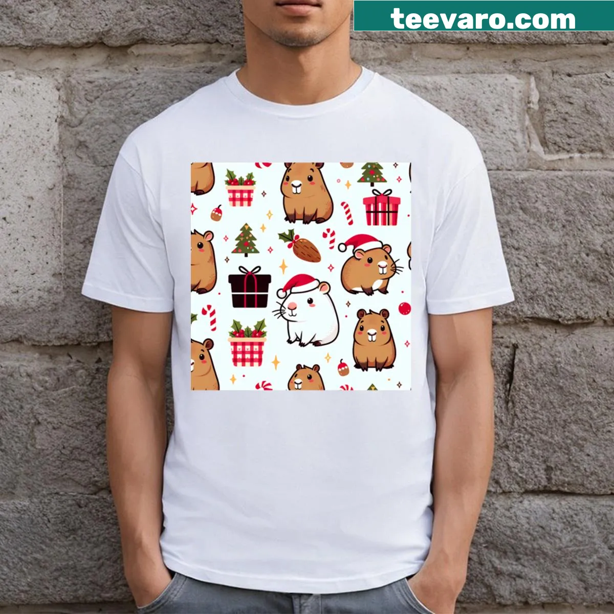 Festive capybara design with Christmas decorations on a T-shirt — on a men's t-shirt